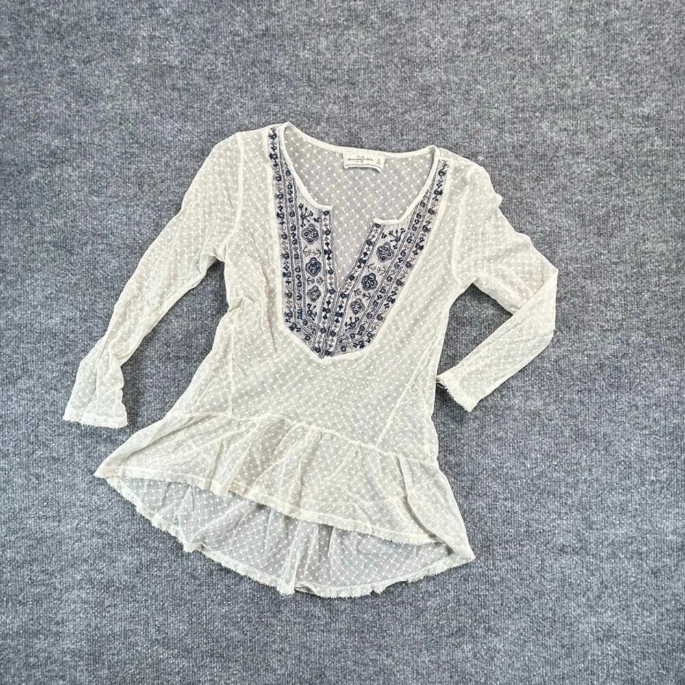 Abercrombie & Fitch Womens XS Ivory Sheer Lace Embroidered Peplum Tunic Top Boho